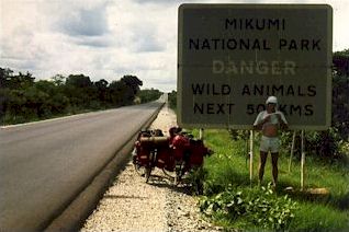 Warning sign before crossing Mikumi National Park in Tanzania